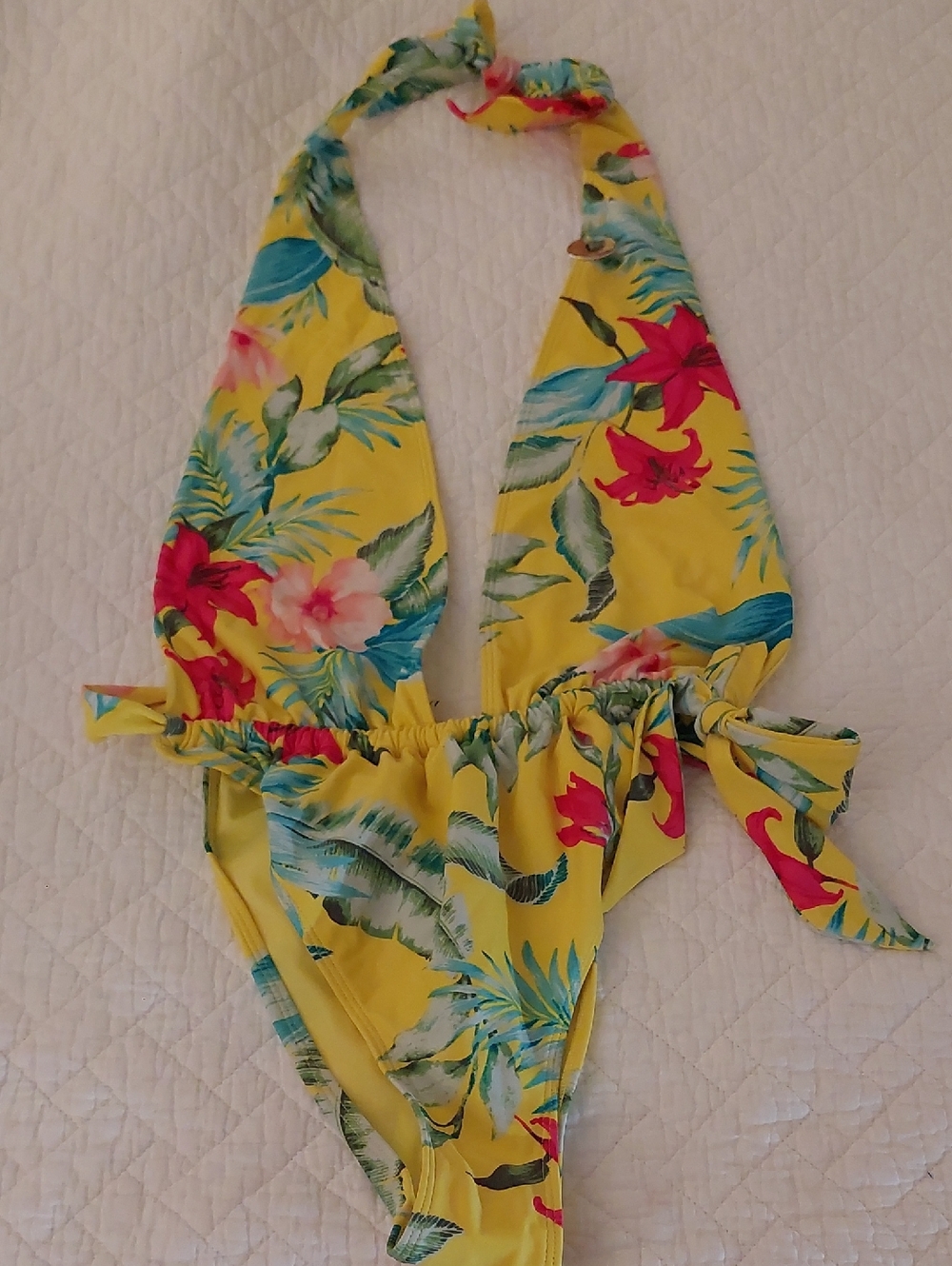 Womens Yellow Tropical Floral One-Piece Swimsuit